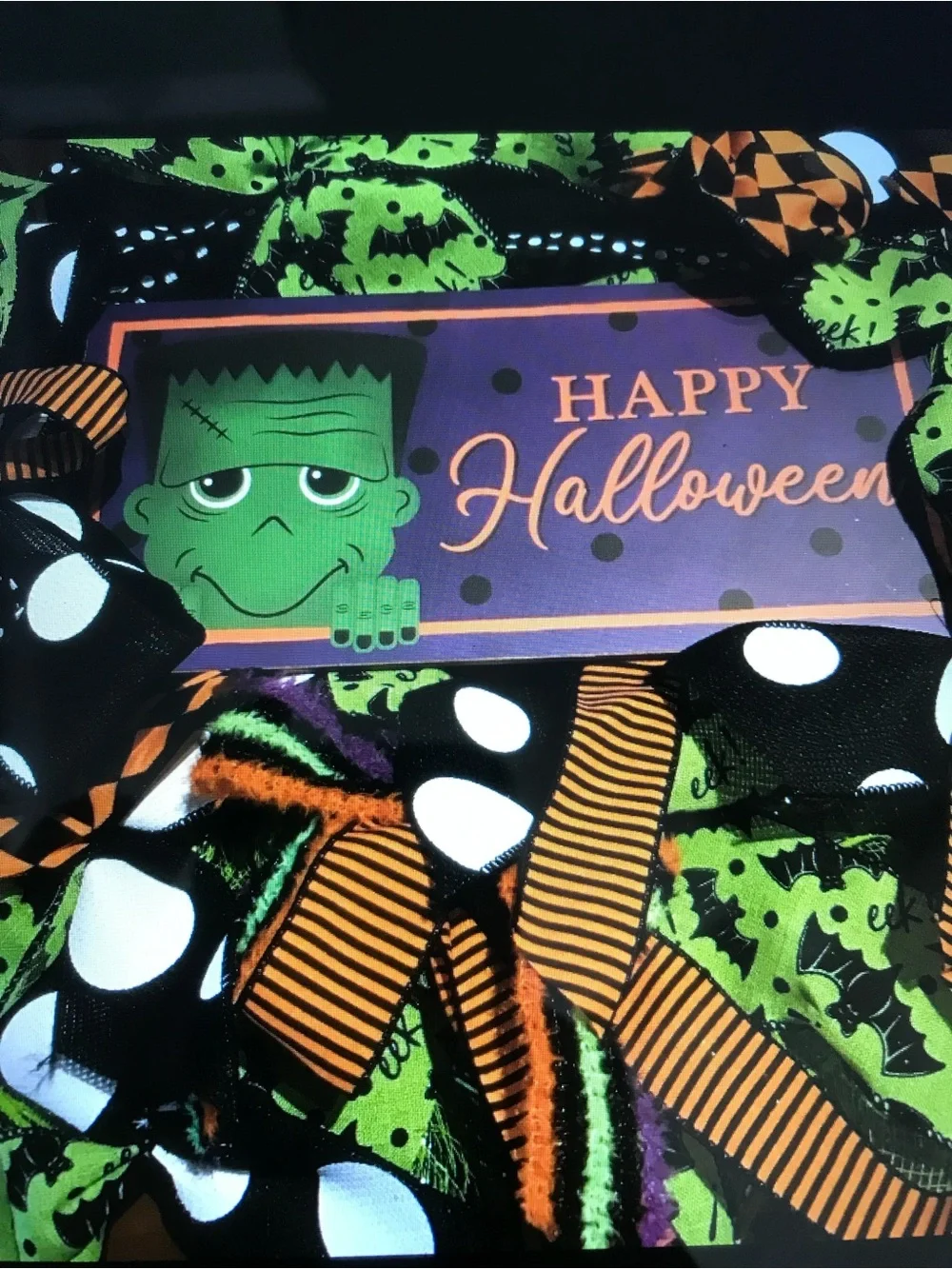 Happy Halloween Frankenstein Wreath Handmade Purple Green Custom Final Sale